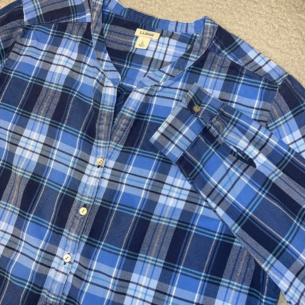 LL Bean Shirt Women's Sz L Blue White Plaid Flannel Mandarin Collar Button Down